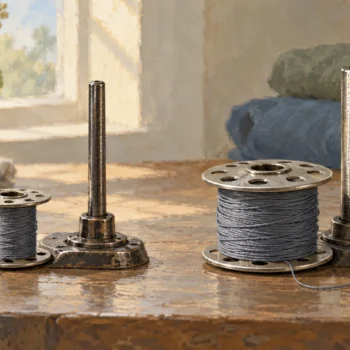 Two bobbins fitting different matching thread spindles