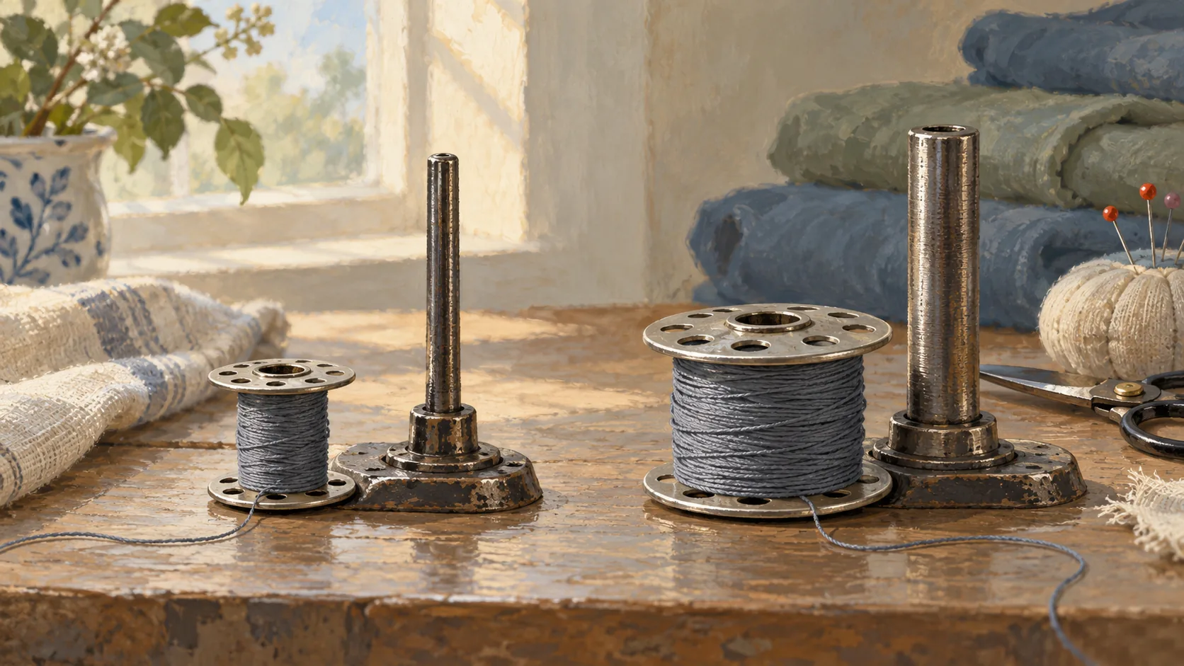Two bobbins fitting different matching thread spindles
