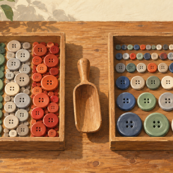 The same ceramic buttons are arranged by color in one tray and by size in another