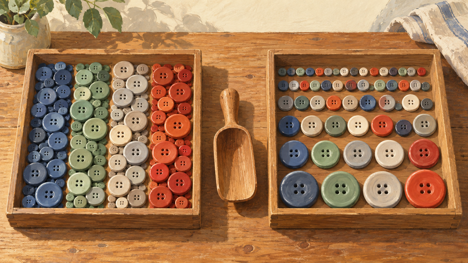 The same ceramic buttons are arranged by color in one tray and by size in another