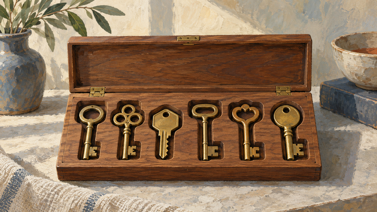 Distinct brass keys each occupy their required place in a wooden organizer