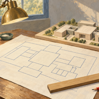 A central architectural layout guides a wooden building model on a workbench
