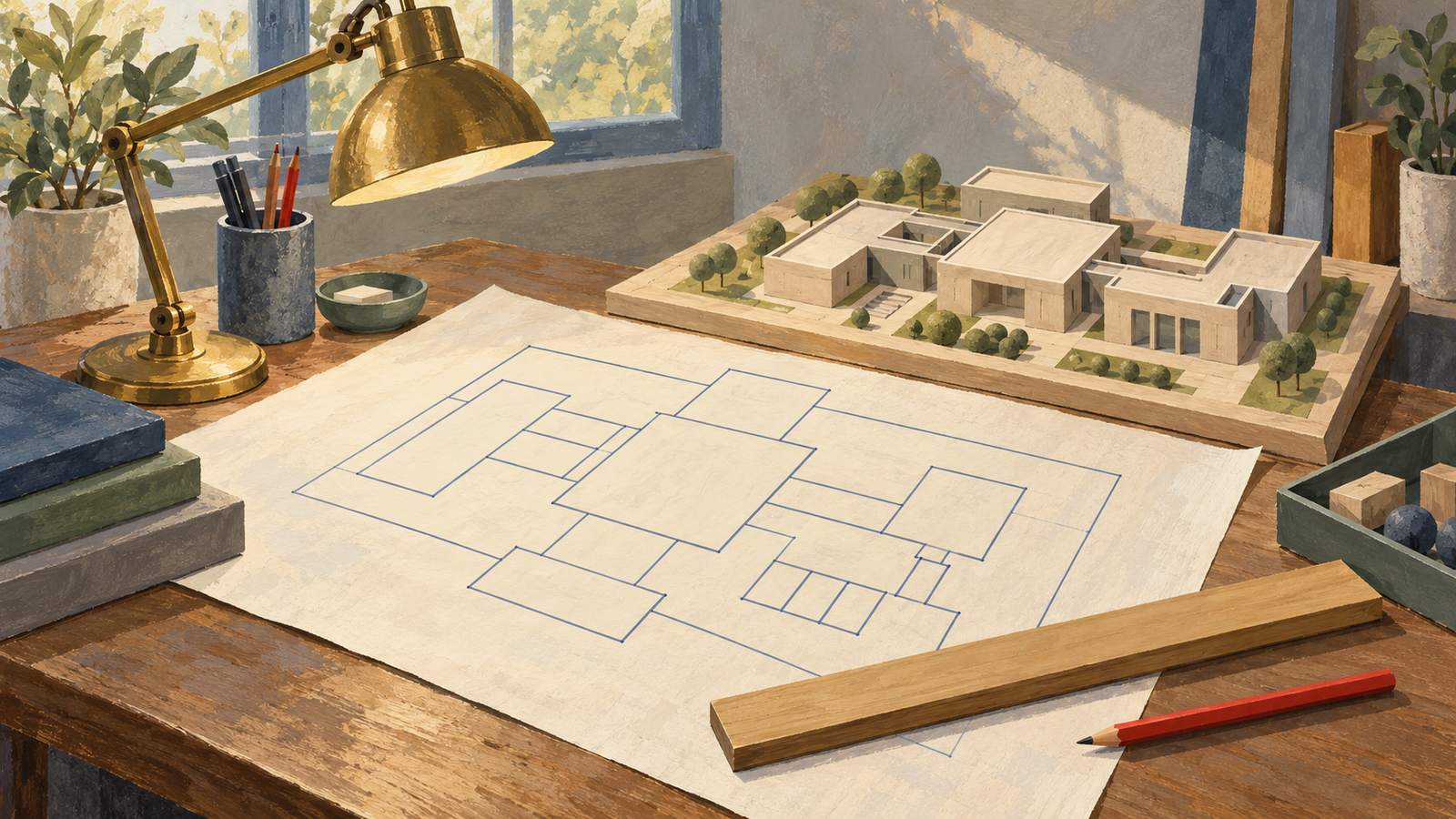 A central architectural layout guides a wooden building model on a workbench