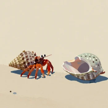 A hermit crab beside a larger empty shell on sand