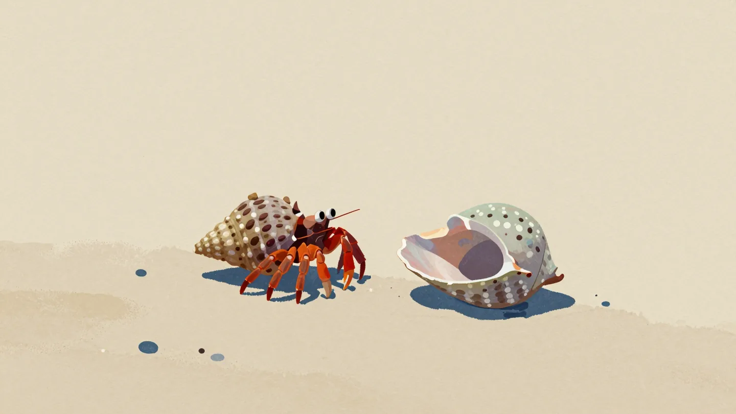 A hermit crab beside a larger empty shell on sand
