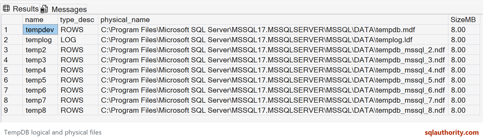 TempDB inventory lists every logical name, file type, full physical path and size