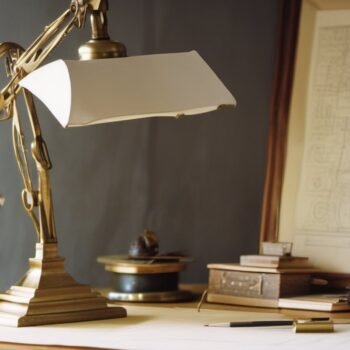 Architect desk with a lamp and a master blueprint on the wall