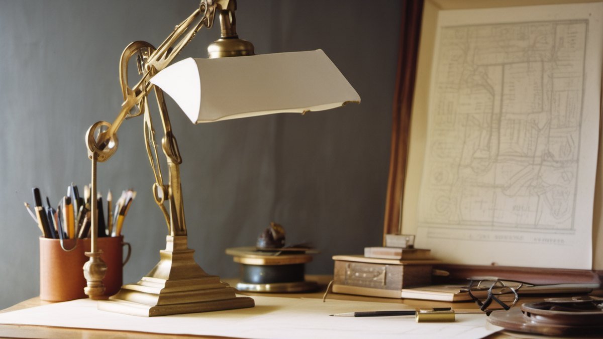 Architect desk with a lamp and a master blueprint on the wall