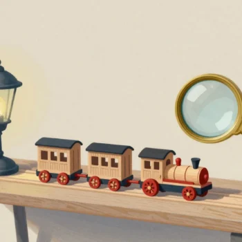 Gouache painting: a workbench where a small wooden toy train stands under a brass magnifying glass fixed on its own little stand, each carriage lined up for inspection; one toy wheel is vermilion
