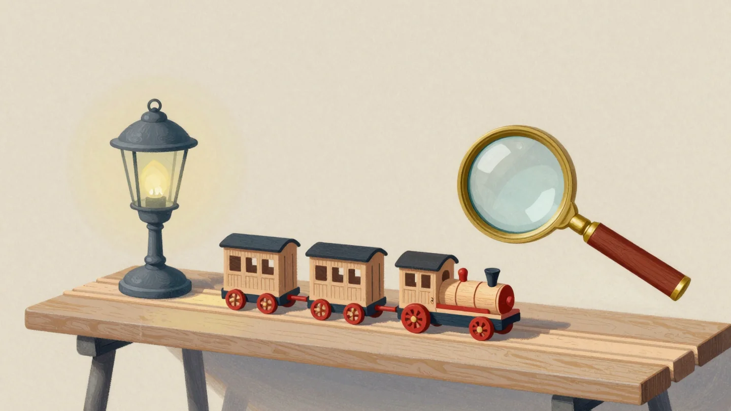Gouache painting: a workbench where a small wooden toy train stands under a brass magnifying glass fixed on its own little stand, each carriage lined up for inspection; one toy wheel is vermilion