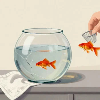 A hand scooping a red goldfish from a cracked fishbowl into a jug of clean water with a small net.