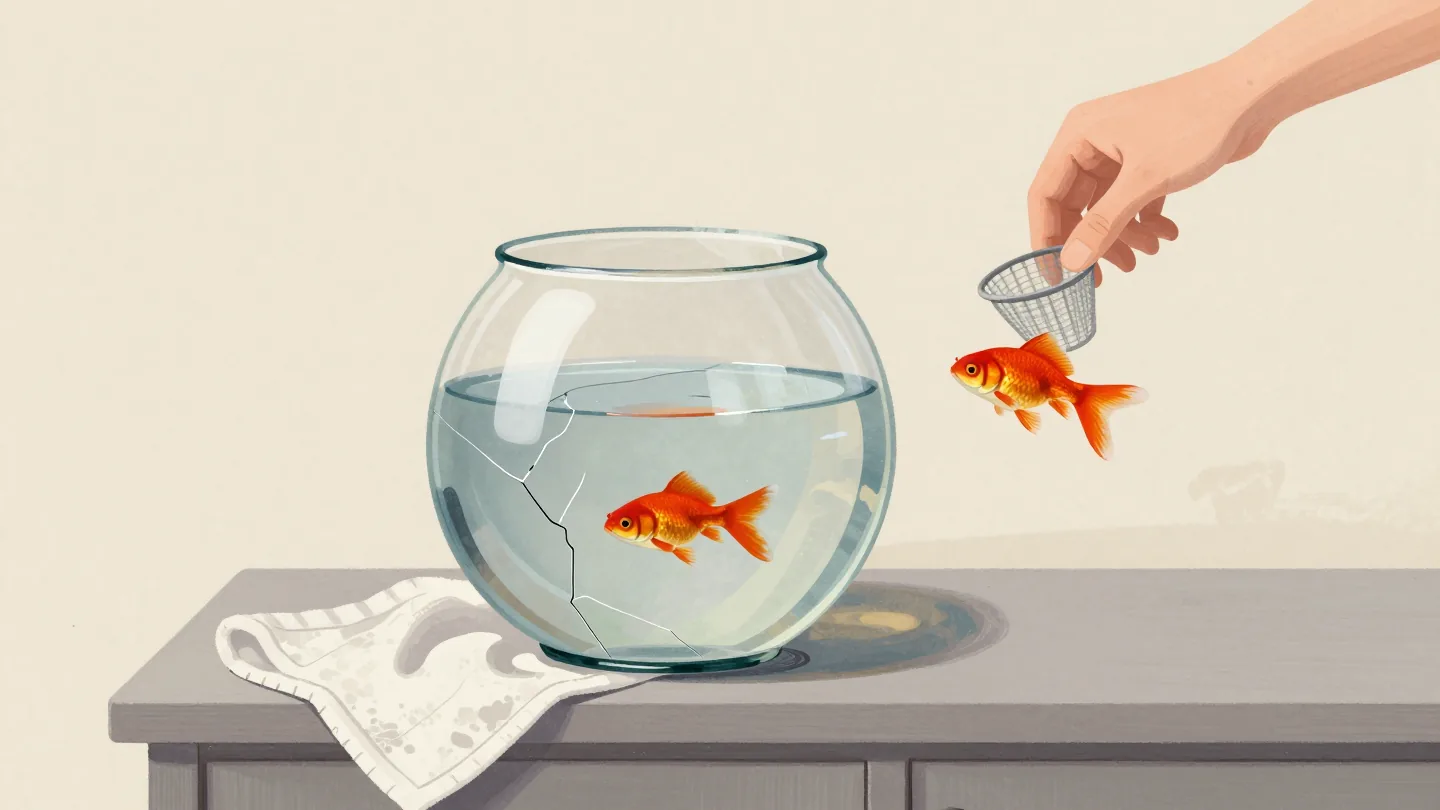 A hand scooping a red goldfish from a cracked fishbowl into a jug of clean water with a small net.