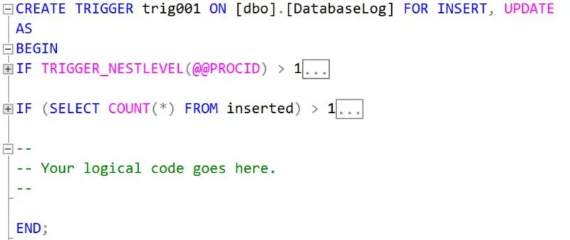 T-SQL CREATE TRIGGER trig001 on dbo.DatabaseLog checking TRIGGER_NESTLEVEL and inserted row count