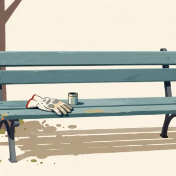 An old park bench with chipped slate blue paint showing earlier coats beneath, work gloves and a paint tin on the seat.
