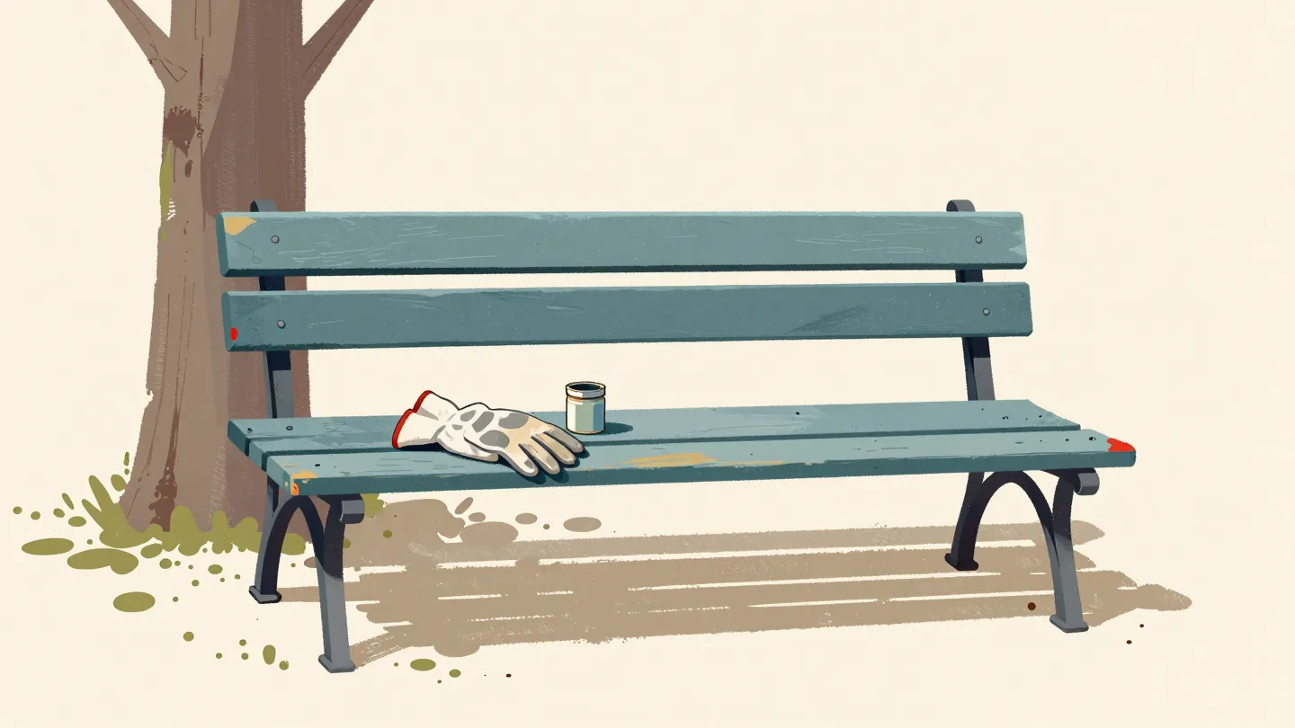 An old park bench with chipped slate blue paint showing earlier coats beneath, work gloves and a paint tin on the seat.