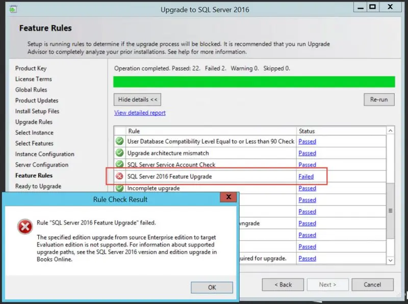 Upgrade to SQL Server 2016 failed.