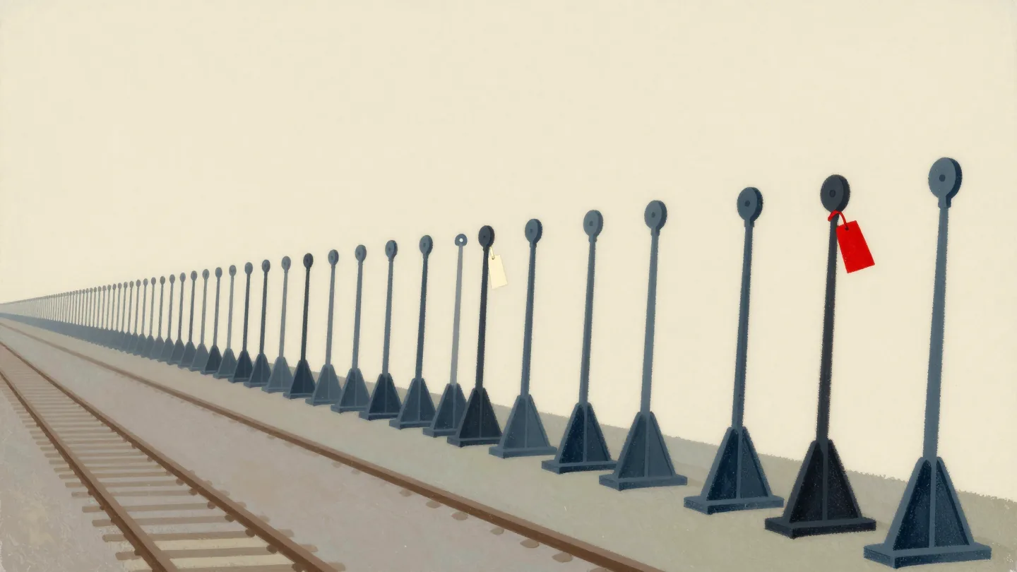 A row of iron levers in a railway signal box, a hand tying a small red cloth tag to one lever