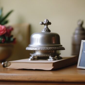 Shop counter with a service bell, a card and flowers, ready to welcome customers