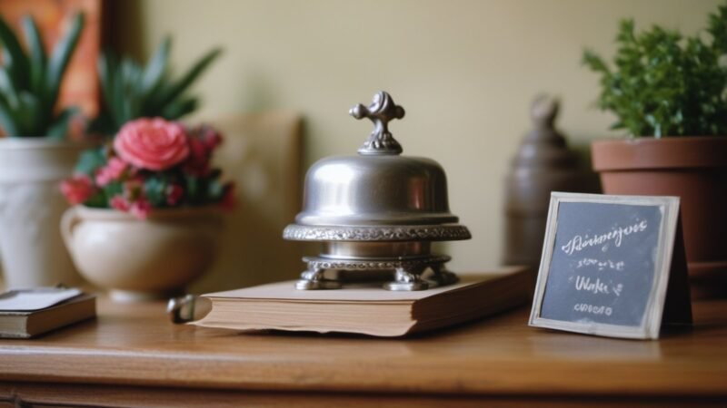 Shop counter with a service bell, a card and flowers, ready to welcome customers