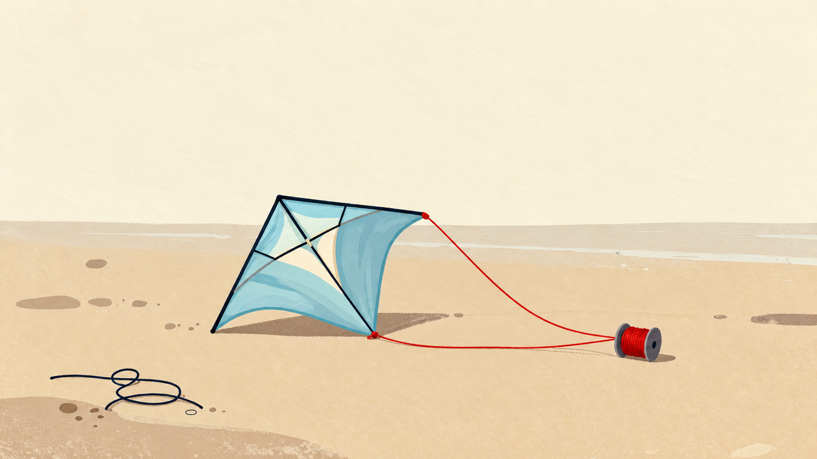 A grounded blue kite with a new cord and an old detached cord