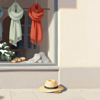 Winter scarves in a shop window while a summer hat rests outside