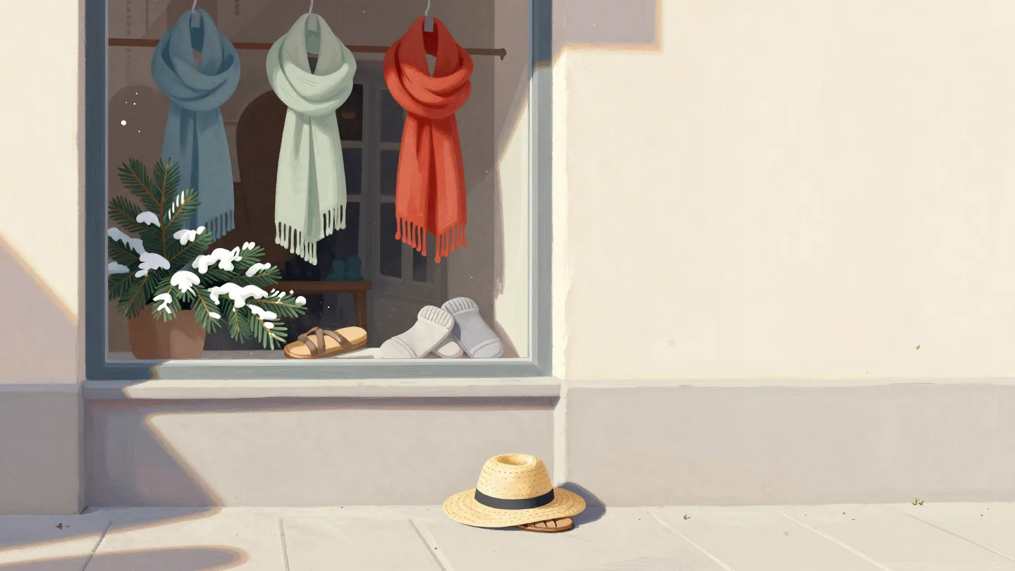 Winter scarves in a shop window while a summer hat rests outside