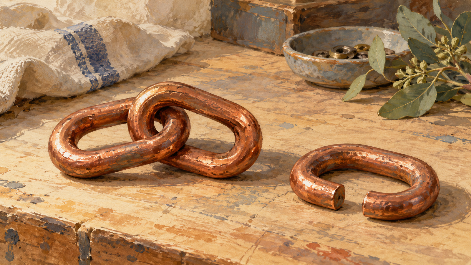 Two linked copper loops beside a separate opened loop