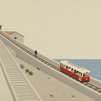 A lone walker on a hillside stairway beside a full funicular car climbing the same slope