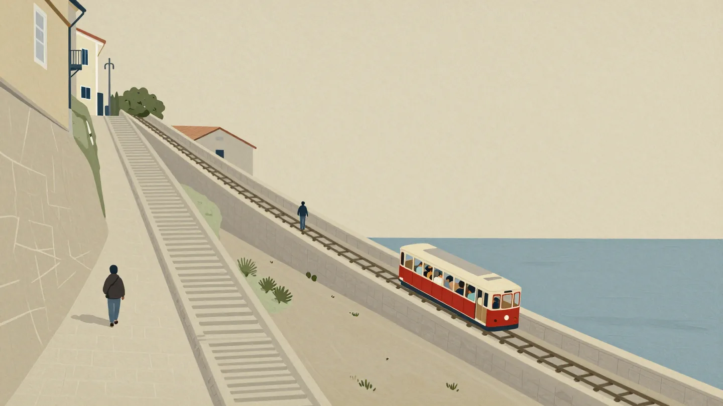 A lone walker on a hillside stairway beside a full funicular car climbing the same slope