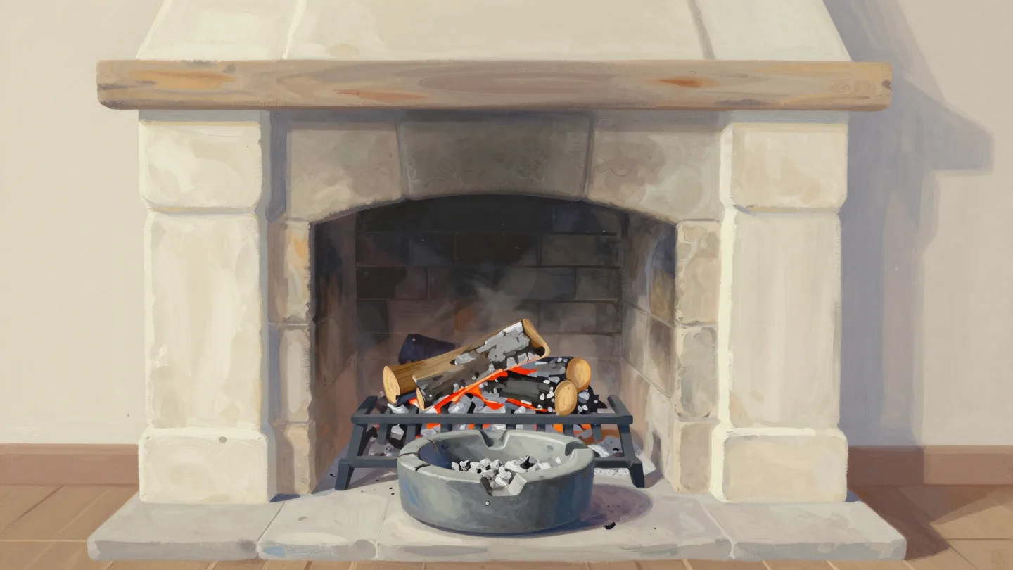 A morning fireplace with last night's ash still shaped on the grate and a full ash pan pulled out
