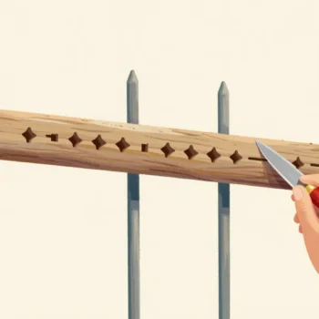 A hand carving a new notch into a wooden tally stick hung beside an orchard gate