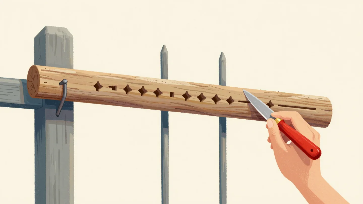 A hand carving a new notch into a wooden tally stick hung beside an orchard gate