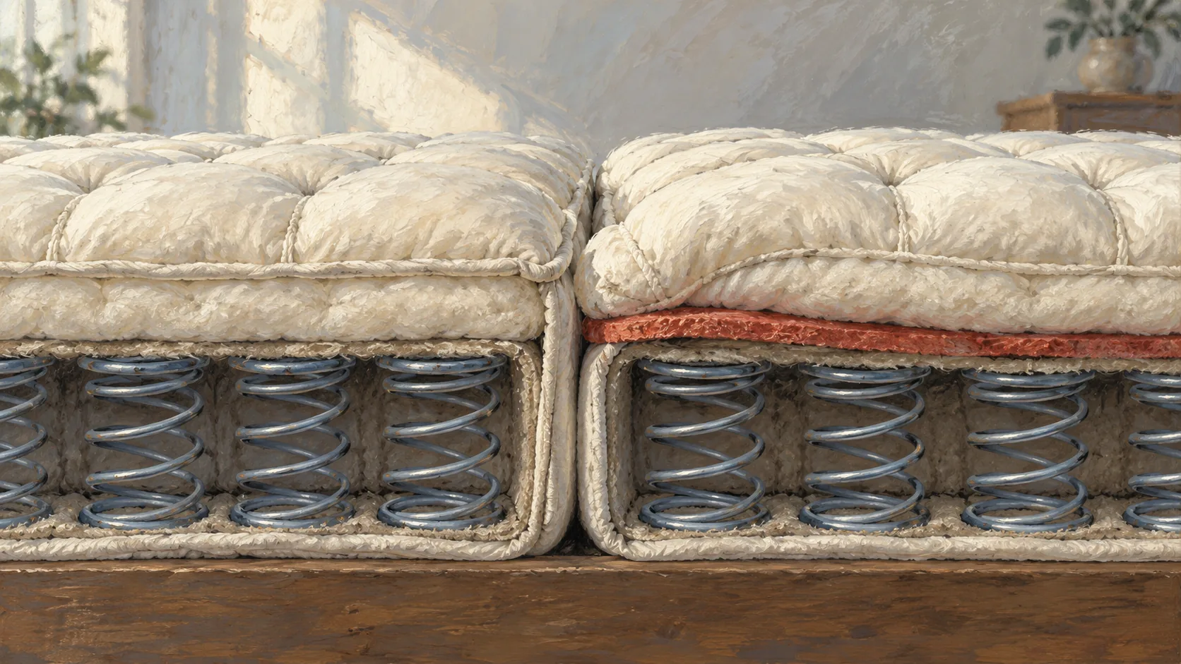 Added felt layer spreading tightly packed padding above an intact bed spring