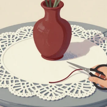 A hand holding scissors over one thread of a crocheted lace doily with a red vase resting on it.