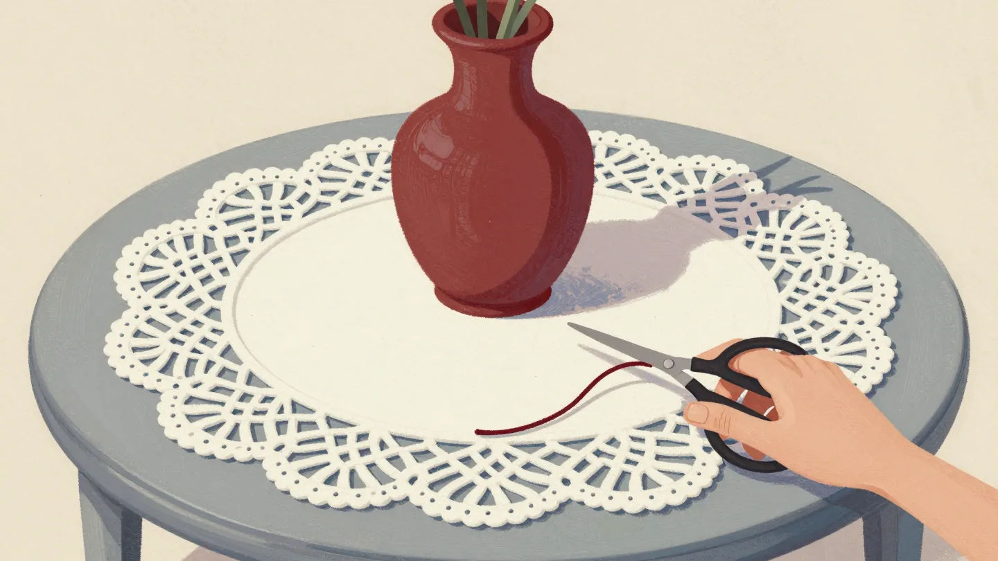 A hand holding scissors over one thread of a crocheted lace doily with a red vase resting on it.