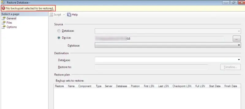 SSMS Restore Database window with the error No backupset selected to be restored