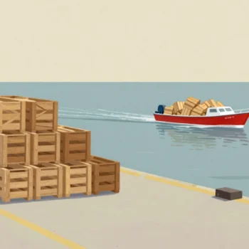 A small red boat ferrying a few crates at a time from a big heap on one quay to a pile across the water