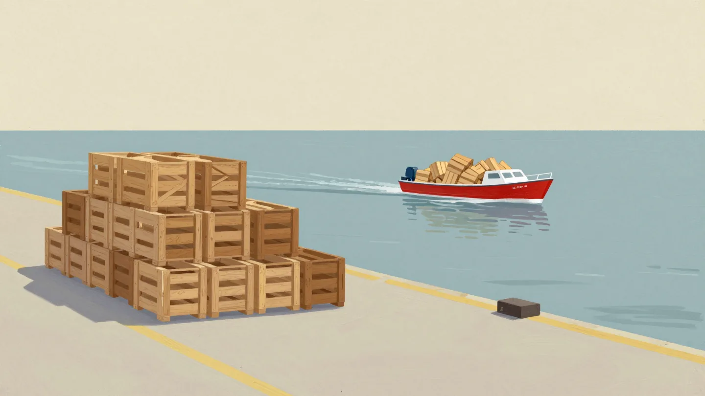 A small red boat ferrying a few crates at a time from a big heap on one quay to a pile across the water