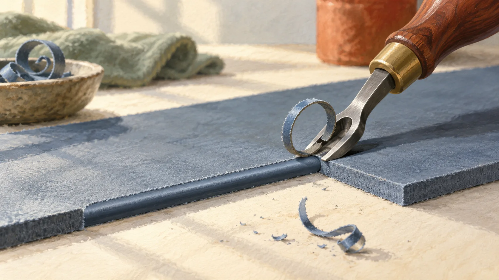 Leather beveler applying a repeated trim to one selected edge