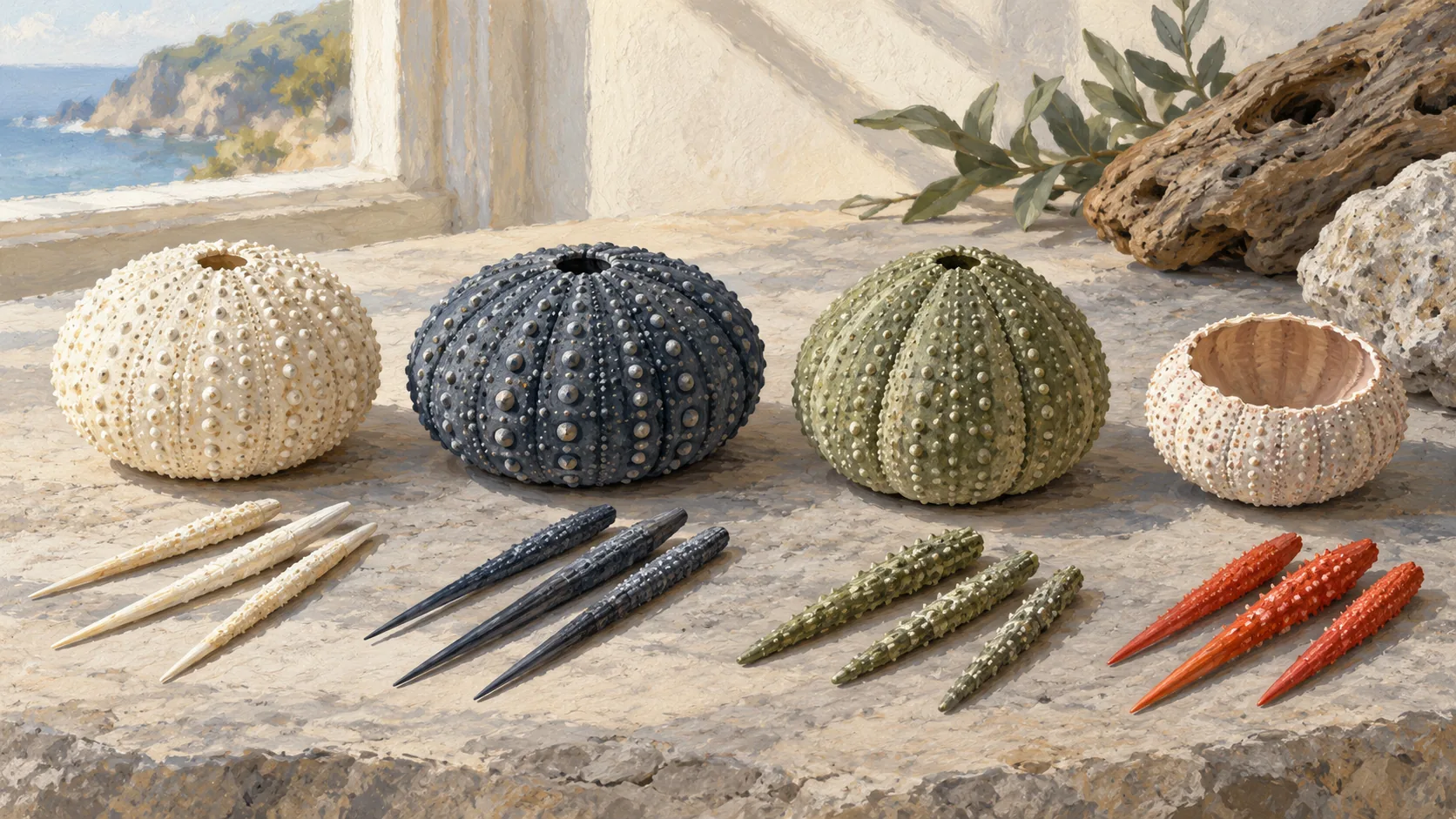 Distinct sea urchin shells with matching spines and one empty cavity