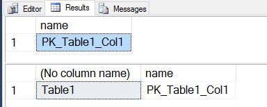 Original native results showing Table1 primary-key constraint and clustered index