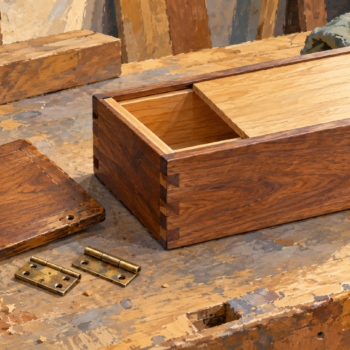 A wooden box with a sliding lid beside its former hinged lid and brass hinges