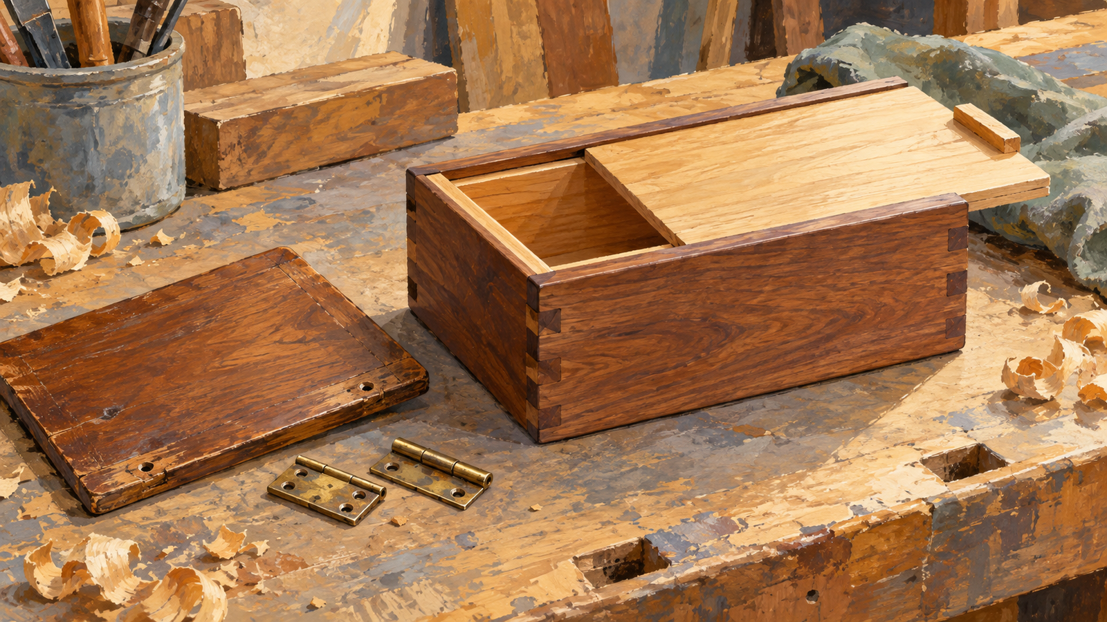 A wooden box with a sliding lid beside its former hinged lid and brass hinges