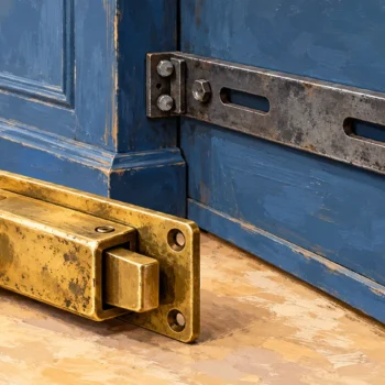 A brass latch and its mounting plate removed while an independent steel rail stays on the cabinet