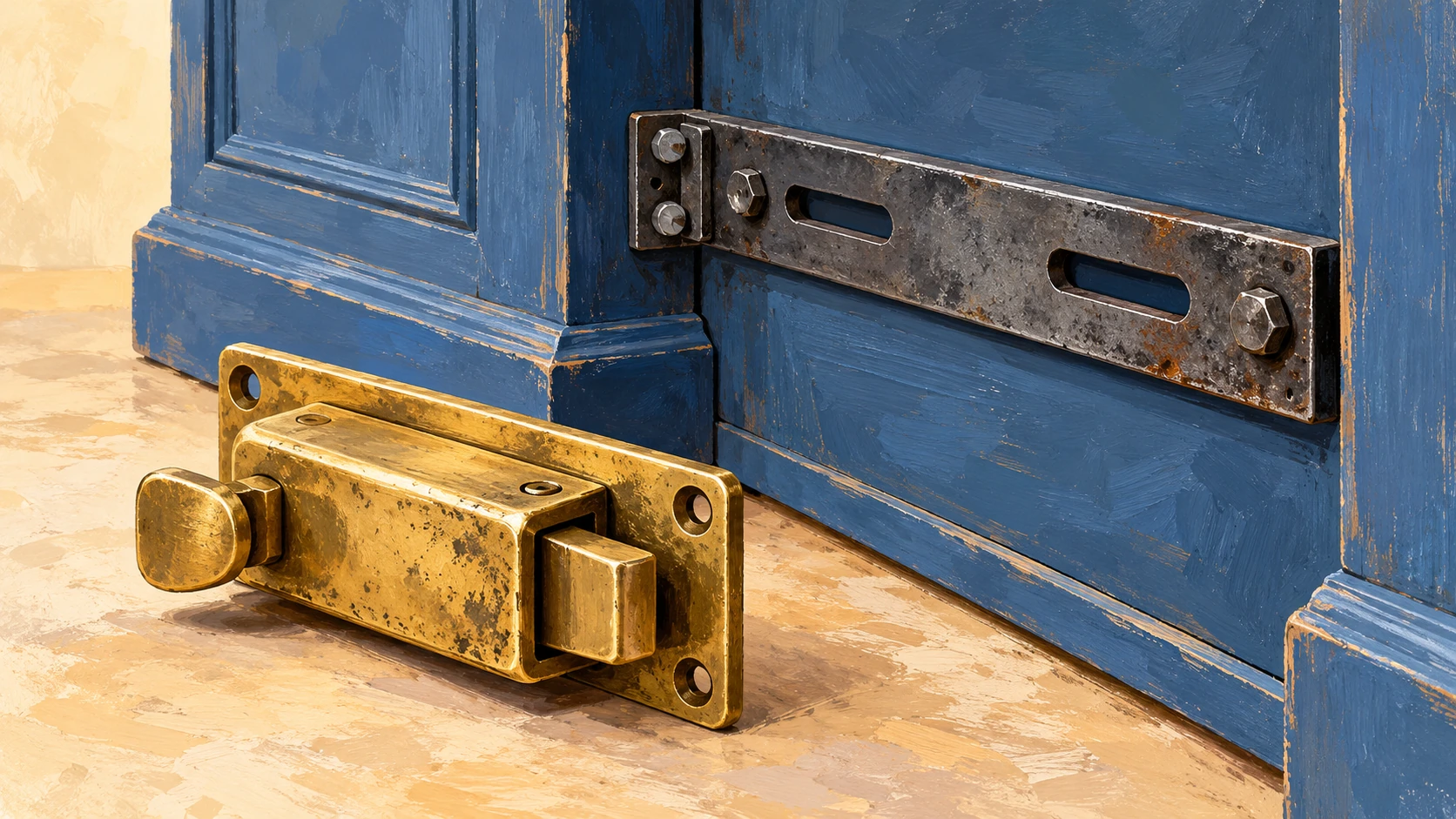 A brass latch and its mounting plate removed while an independent steel rail stays on the cabinet