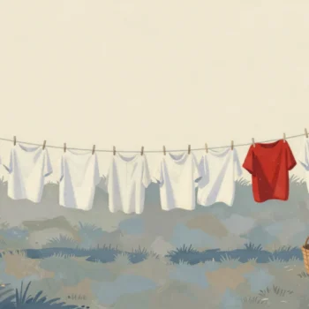 A washing line at dawn with pegged shirts in a row and one shirt fallen on the wet grass below
