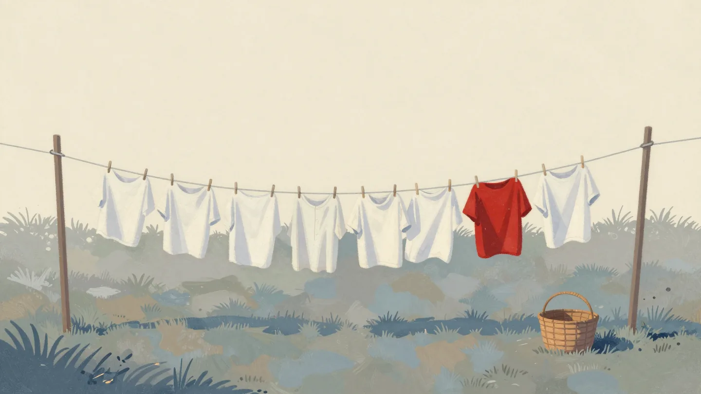 A washing line at dawn with pegged shirts in a row and one shirt fallen on the wet grass below