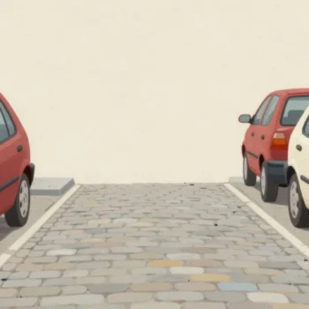 Two small cars nosing into the same single empty parking space on a cobbled street from opposite directions.