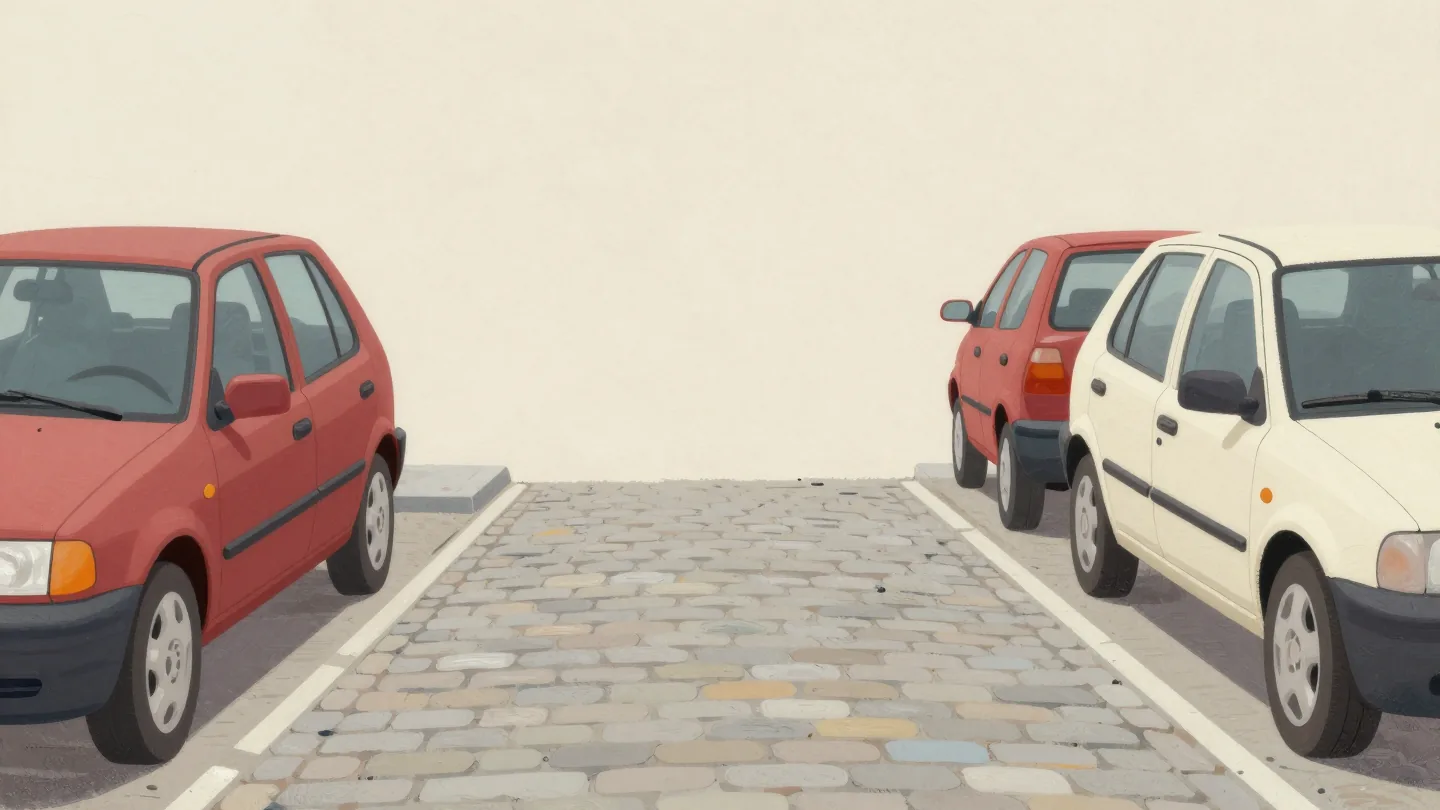 Two small cars nosing into the same single empty parking space on a cobbled street from opposite directions.