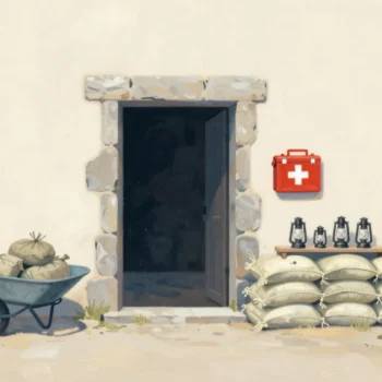 A storm-ready cellar doorway with sandbags, lanterns on a shelf and a red first-aid box on the wall